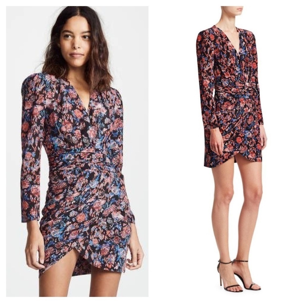 IRO / Fling floral black wrap long sleeve wrap tulip hem Dress 38 6